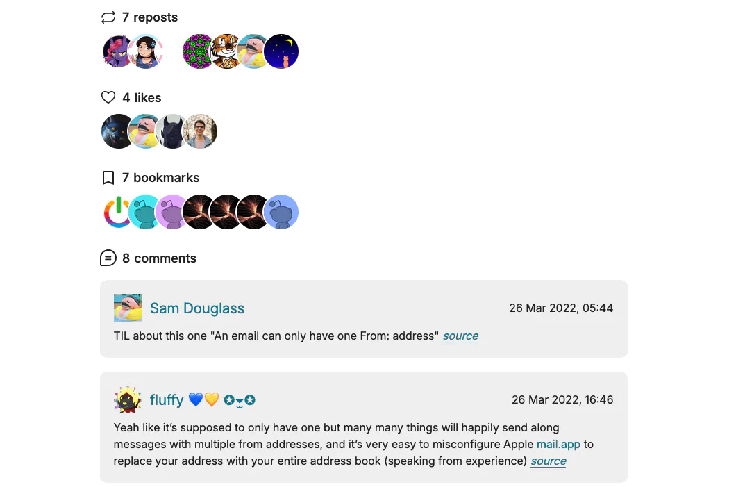 Captura de pantalla de webmentions mostrant republications, m'agrada, marcadors i comentaris
